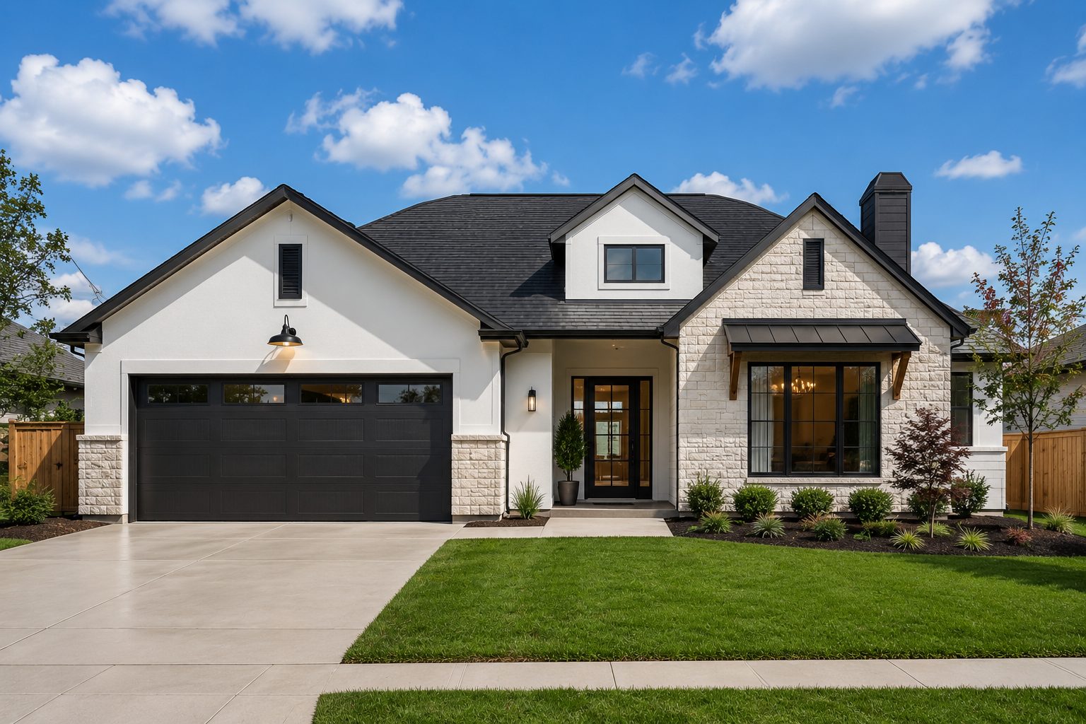 Clean home exterior with stone accents and pristine driveway