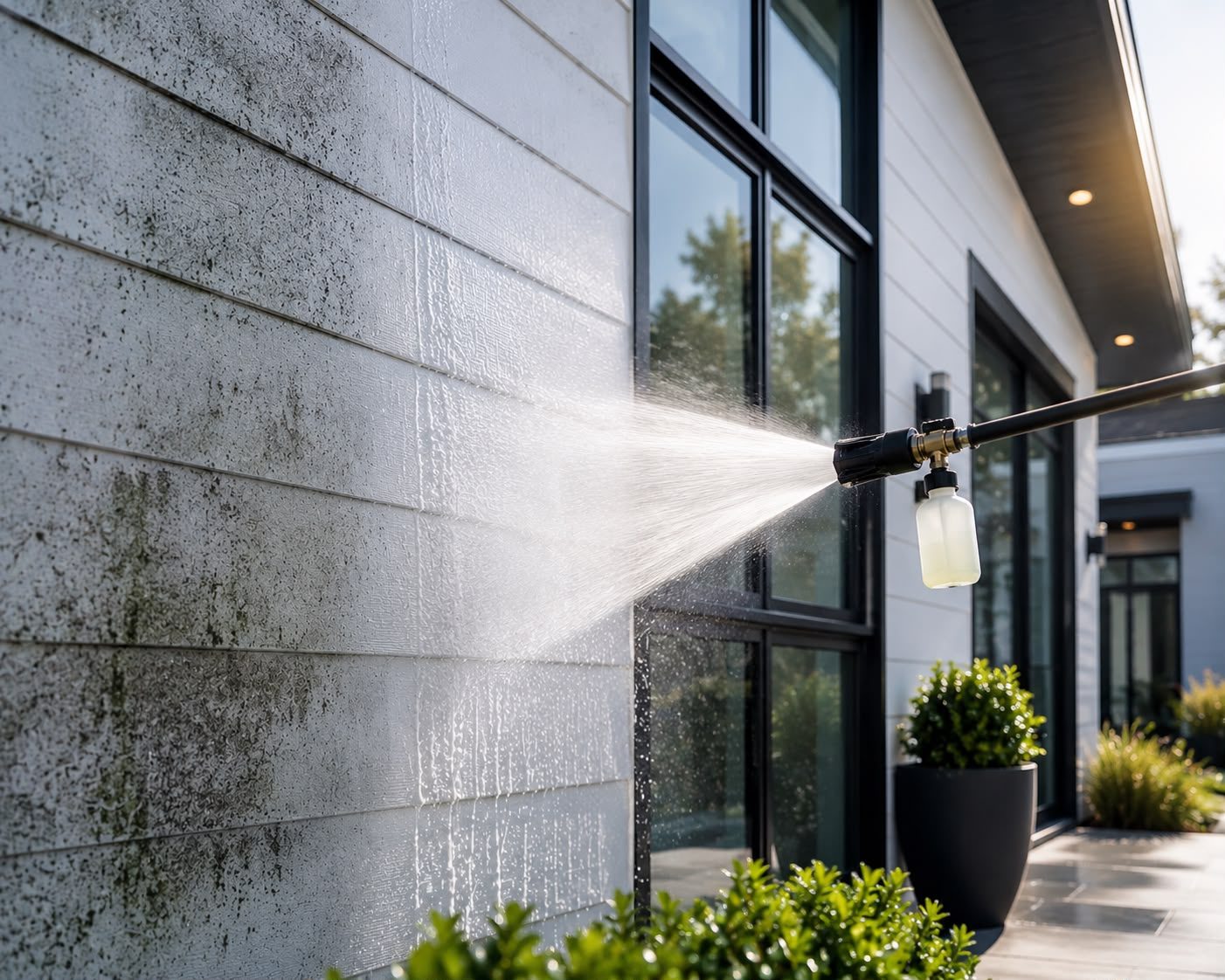 Soft washing a home exterior with detergent spray