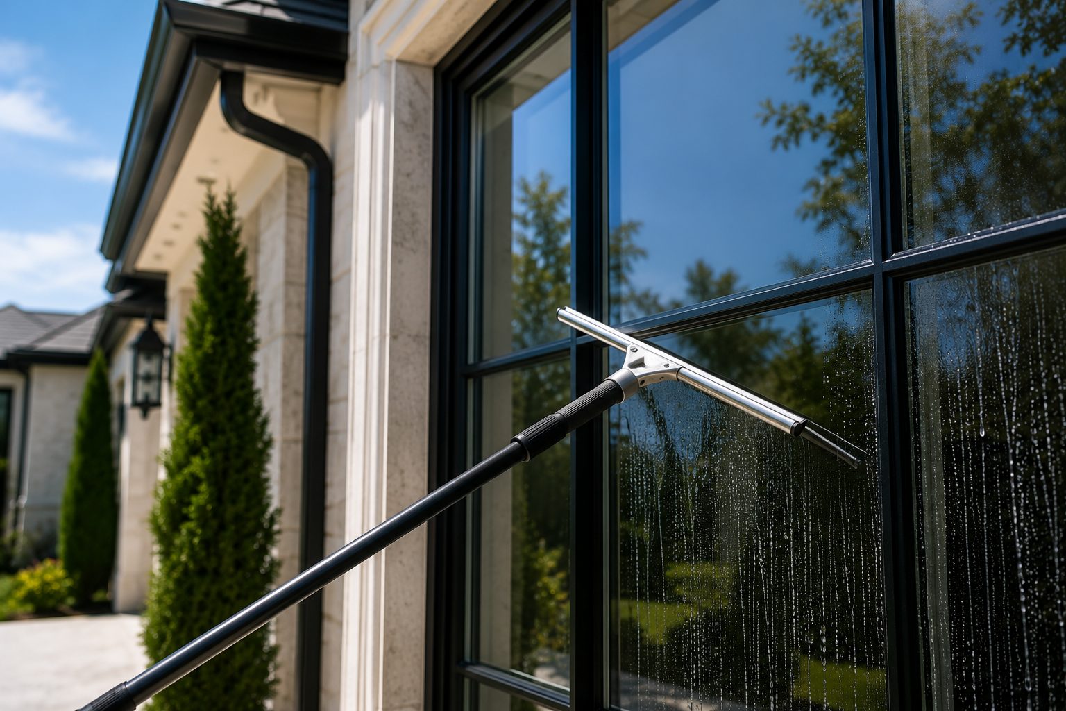 Squeegee cleaning large exterior residential window